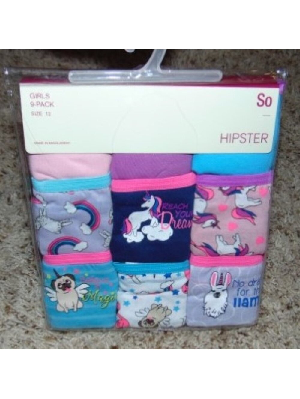 SO Underwear Hipster Panties 12 Girls 9 Pack Dream Rainbow Unicorn Cotton